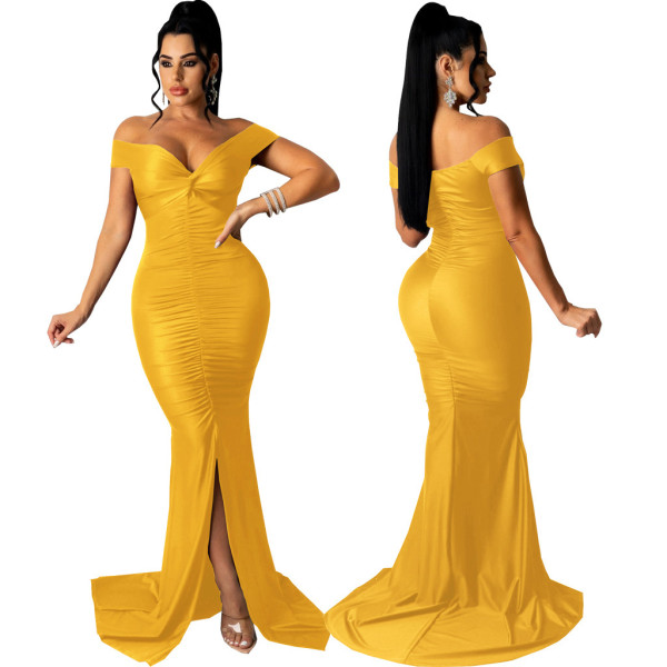 Solid Color Large V-Neck Tight Smocked Dress Long Skirt