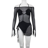 Mesh Dress European and American Sexy Perspective Mesh Long Sleeve Hips Show Body Body Skirt Short Skirt Suit