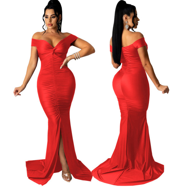 Solid Color Large V-Neck Tight Smocked Dress Long Skirt