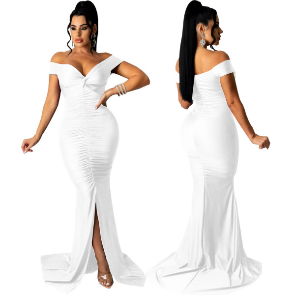 Solid Color Large V-Neck Tight Smocked Dress Long Skirt