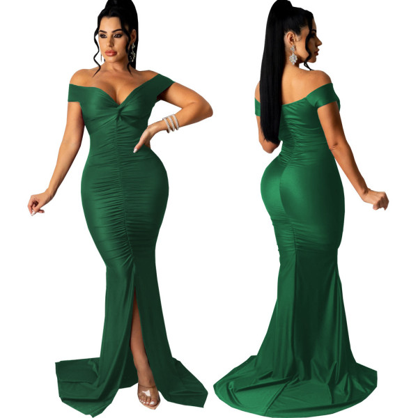 Solid Color Large V-Neck Tight Smocked Dress Long Skirt