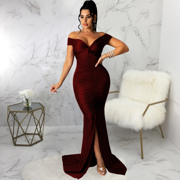 Solid Color Large V-Neck Tight Smocked Dress Long Skirt
