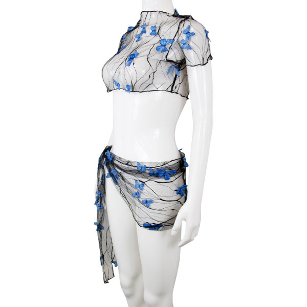 Three-dimensional butterfly decoration beach mesh perspective sexy sunscreen short-sleeved suit