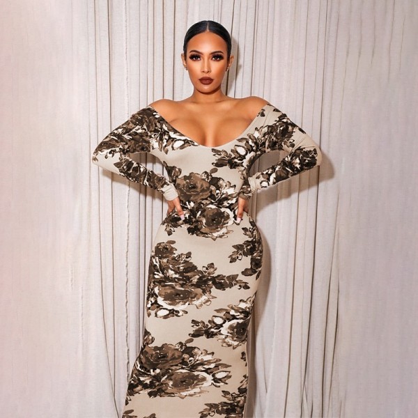 Off-the-shoulder floral print dress waist slim dress