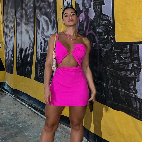 Birthday party bandage dress sexy dress hollow one-shoulder suspender skirt