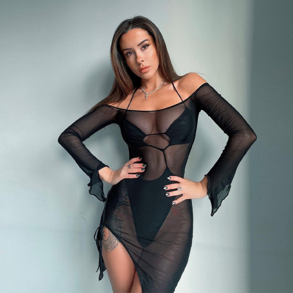 Mesh Dress European and American Sexy Perspective Mesh Long Sleeve Hips Show Body Body Skirt Short Skirt Suit