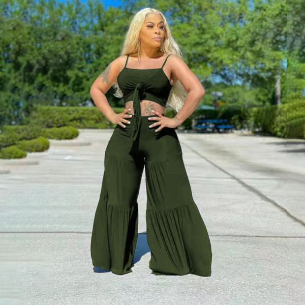 Women's Large Size Sexy Sling Strap Leaky Shoulder Loose Pants Solid Color Two-piece Set
