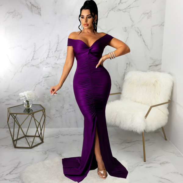 Solid Color Large V-Neck Tight Smocked Dress Long Skirt
