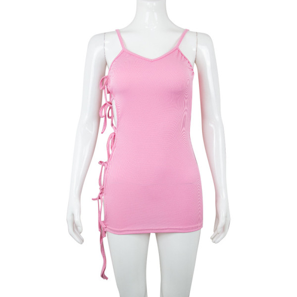 women's solid color suspender side tie wrap hip dress