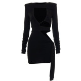 Smocked Long Sleeves With Shoulder Cotton Hollow Out Chest Short Package Hip Streamer Sexy Dress