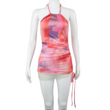 Printed apron halterneck hem paneled mesh drawstring breathable and comfortable dress