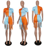 Patchwork Printed Fringe Open Waist Casual Two-Piece Set