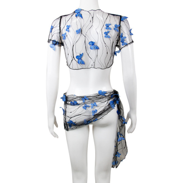 Three-dimensional butterfly decoration beach mesh perspective sexy sunscreen short-sleeved suit