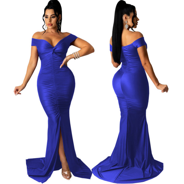 Solid Color Large V-Neck Tight Smocked Dress Long Skirt