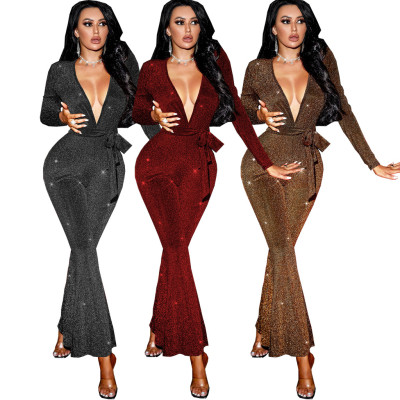 Solid Color Casual Long Sleeve Bright Silk Women's Jumpsuit