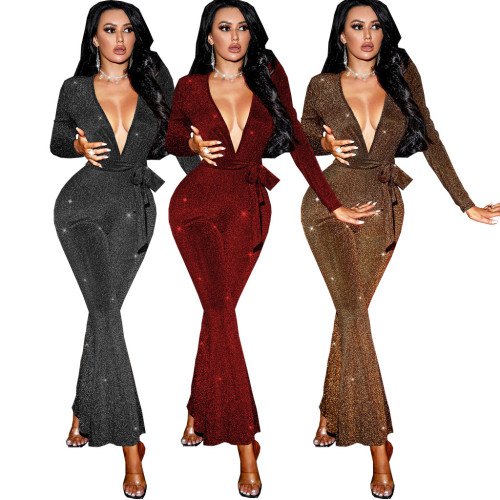 Solid Color Casual Long Sleeve Bright Silk Women's Jumpsuit