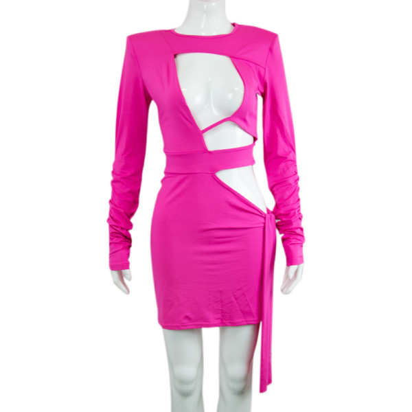 Smocked Long Sleeves With Shoulder Cotton Hollow Out Chest Short Package Hip Streamer Sexy Dress