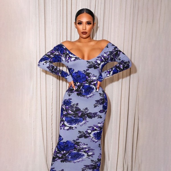 Off-the-shoulder floral print dress waist slim dress