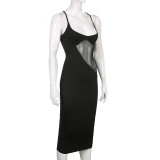 Basic mesh see-through sexy mid-length suspender dress