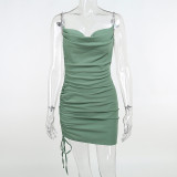 Chain Gathered Dress Drawstring Pile Neck Sexy Short Skirt