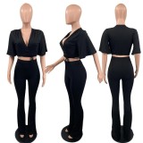Solid Color Short Sleeve Flared Pants Two Piece Suit