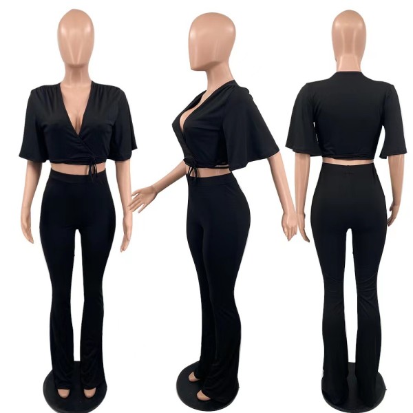 Solid Color Short Sleeve Flared Pants Two Piece Suit