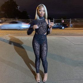 Sexy personality mesh flocking perspective one-shoulder long-sleeved suit
