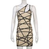 abstract line print cutout one-shoulder dress