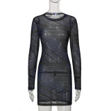 Mesh Print Basic Slim Fit Long Sleeve Dress Short Skirt Spring