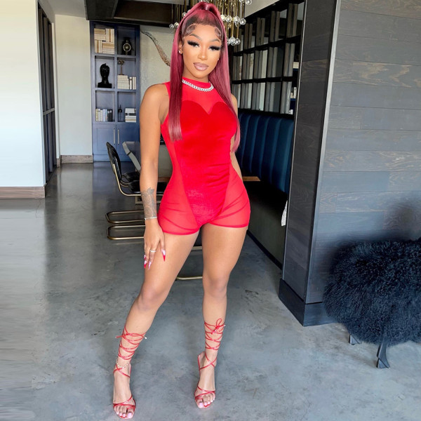 Sexy Patchwork Cutout Zipper Jumpsuit Shorts Sleeveless Bodysuit Women's