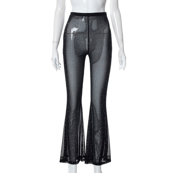 Sexy mesh high-waisted hip-raising flared pants slim wide-leg pants women