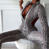 Animal print skinny backless sexy long-sleeve jumpsuit spring