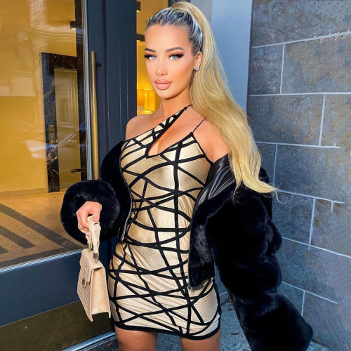 abstract line print cutout one-shoulder dress