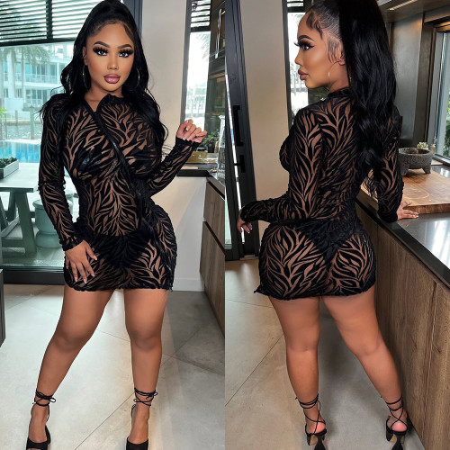 Sexy mesh see-through zipper flocking long sleeve dress women