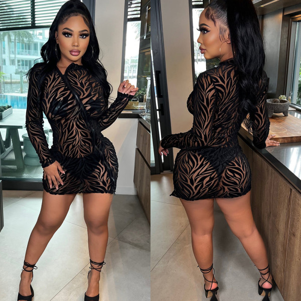 Sexy mesh see-through zipper flocking long sleeve dress women