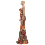 Dress feather print open-back waist-length dress