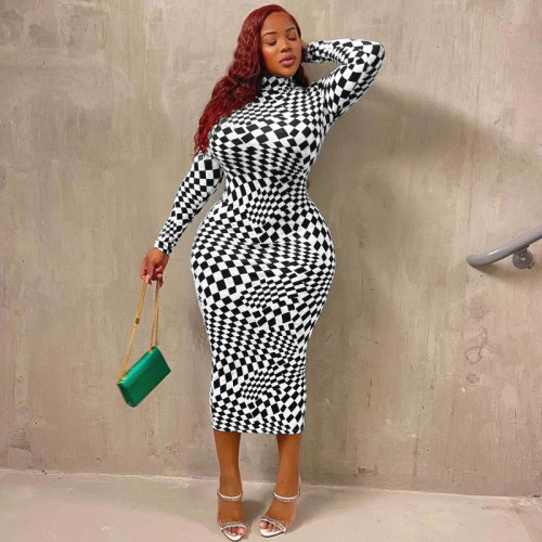 Check Print Sexy Skinny Long Plus Size Dress