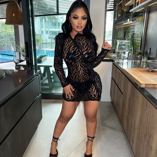 Sexy mesh see-through zipper flocking long sleeve dress women