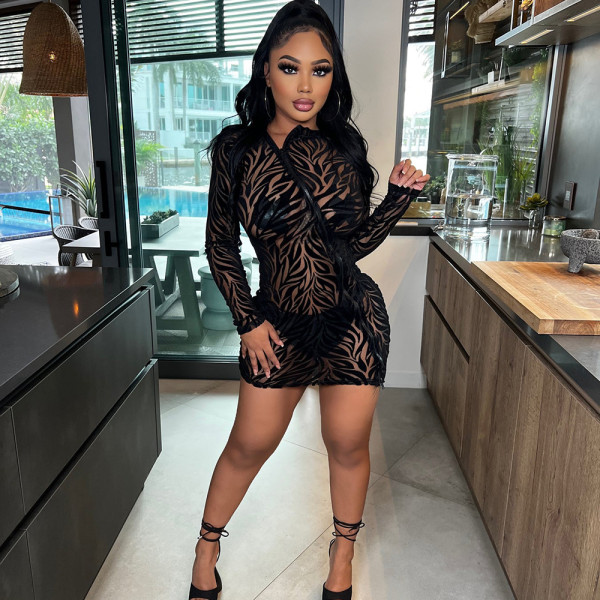 Sexy mesh see-through zipper flocking long sleeve dress women