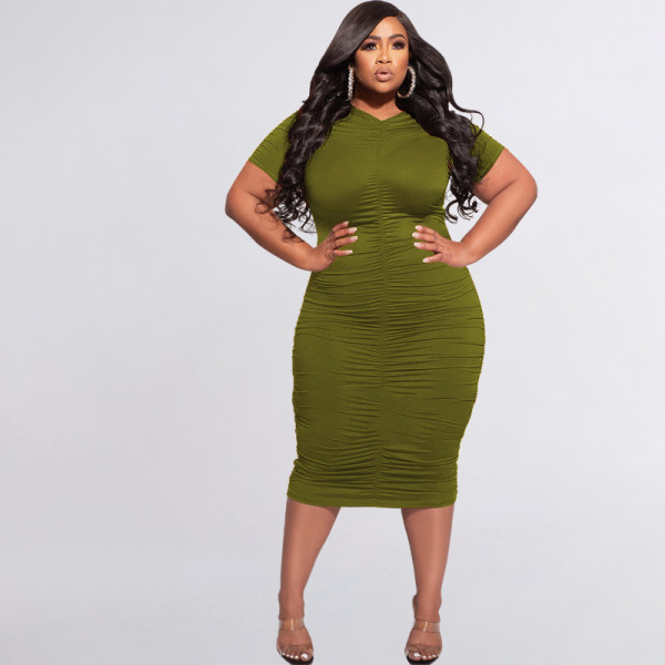 Solid Color Pleated Short Sleeve Sexy Tight Plus Size Women's Dress