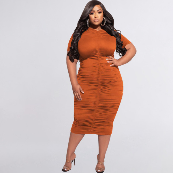 Solid Color Pleated Short Sleeve Sexy Tight Plus Size Women's Dress