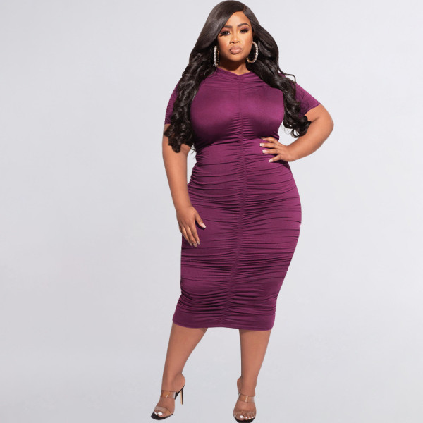 Solid Color Pleated Short Sleeve Sexy Tight Plus Size Women's Dress