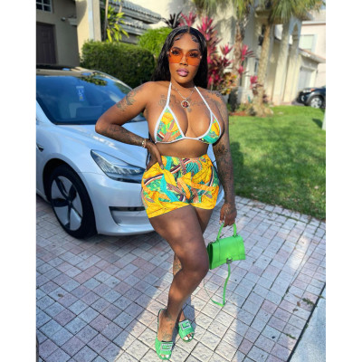 Printed Swimwear Hot Pants Shorts Three-piece Casual Suit