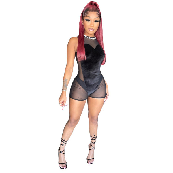 Sexy Patchwork Cutout Zipper Jumpsuit Shorts Sleeveless Bodysuit Women's