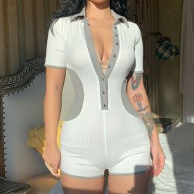Lapel Breasted Contrast Panel Casual Jumpsuit Shorts