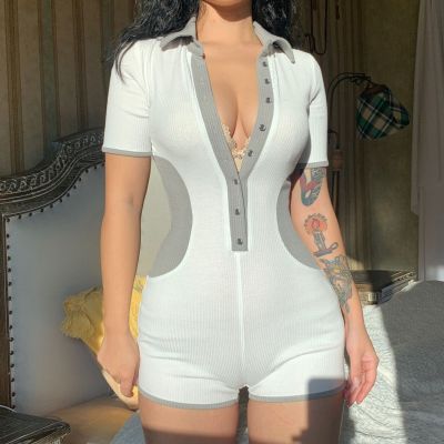 Lapel Breasted Contrast Panel Casual Jumpsuit Shorts