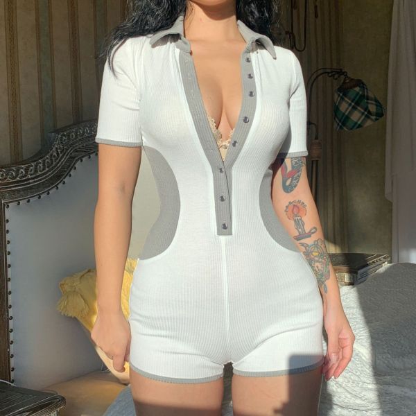 Lapel Breasted Contrast Panel Casual Jumpsuit Shorts