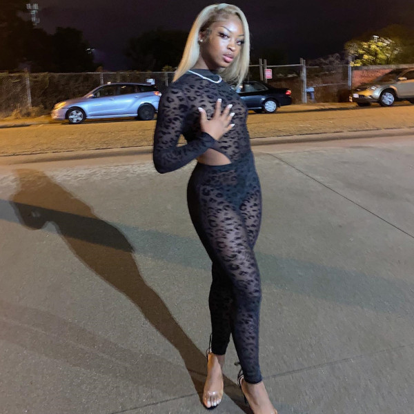 Sexy personality mesh flocking perspective one-shoulder long-sleeved suit