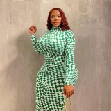 Check Print Sexy Skinny Long Plus Size Dress