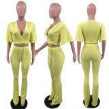 Solid Color Short Sleeve Flared Pants Two Piece Suit